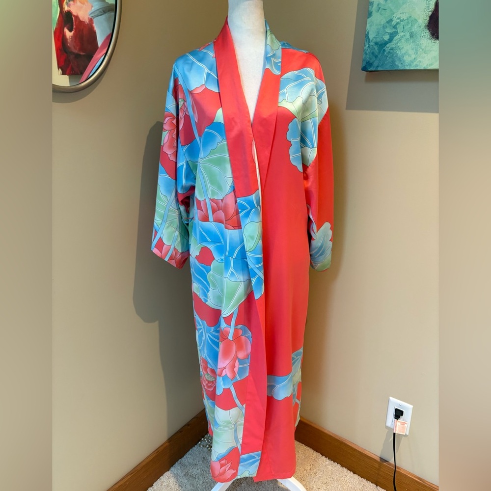 Natori Private Luxuries Lotus Flower Robe Coral Sky Blue Size Small READ